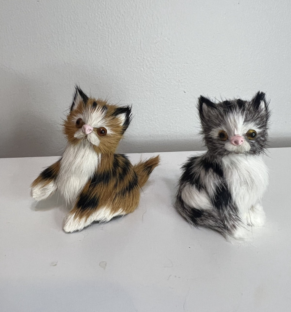 Vintage Golden Leaf Real Rabbit Fur Animal Figure Kitten Cat 3" Set of 2